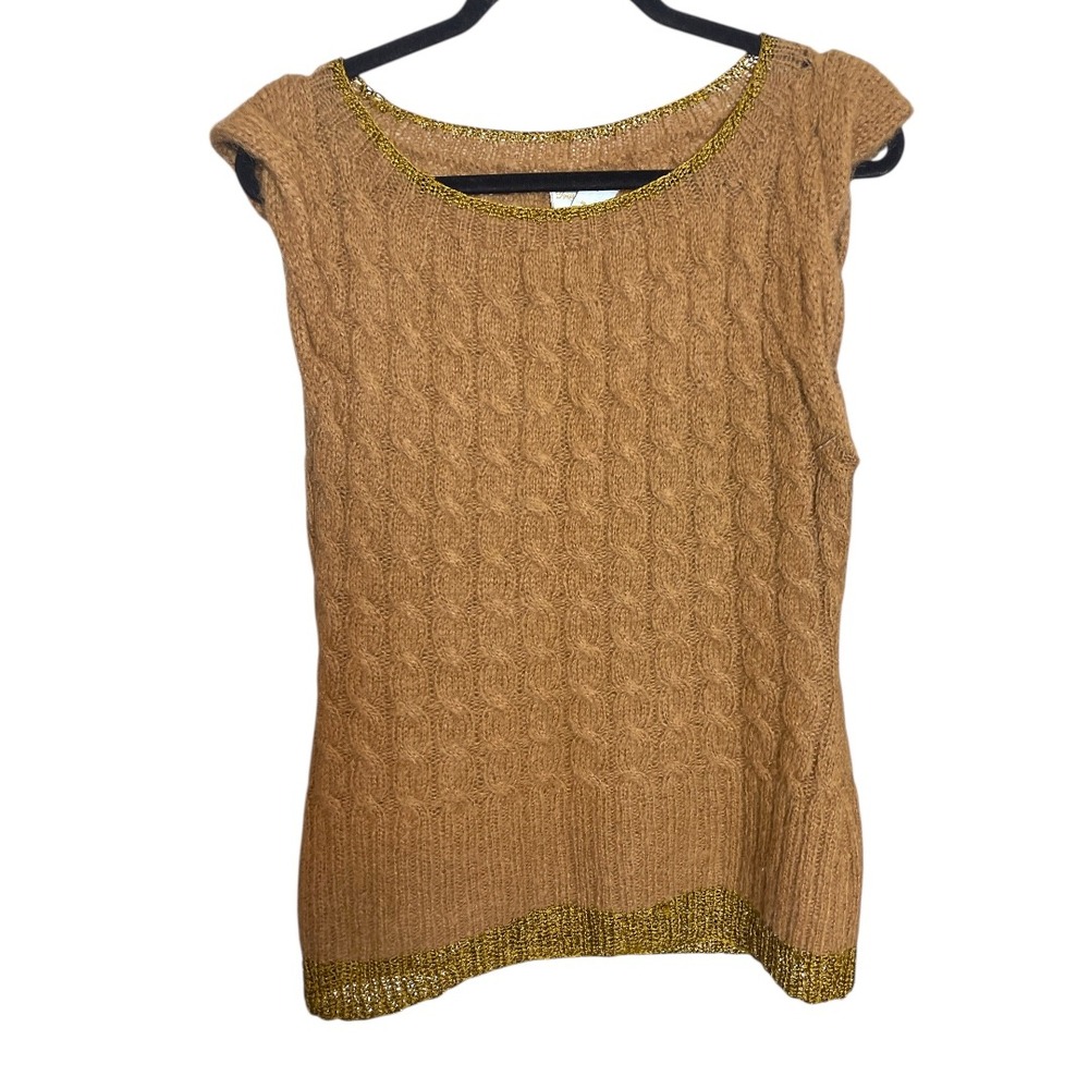 Tracy Reese Cable Knit Metallic Trim Sweater Top Tan Gold Cap Sleeve‎ L